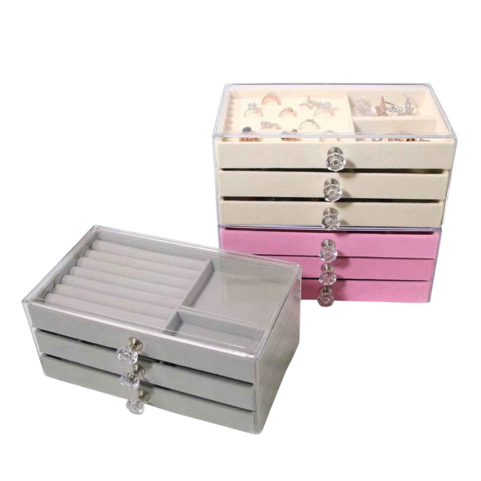 منظم إكسسوارات ٣ أدوار قطيفة بهيكل اكريليك Velvet Jewelry Organizer