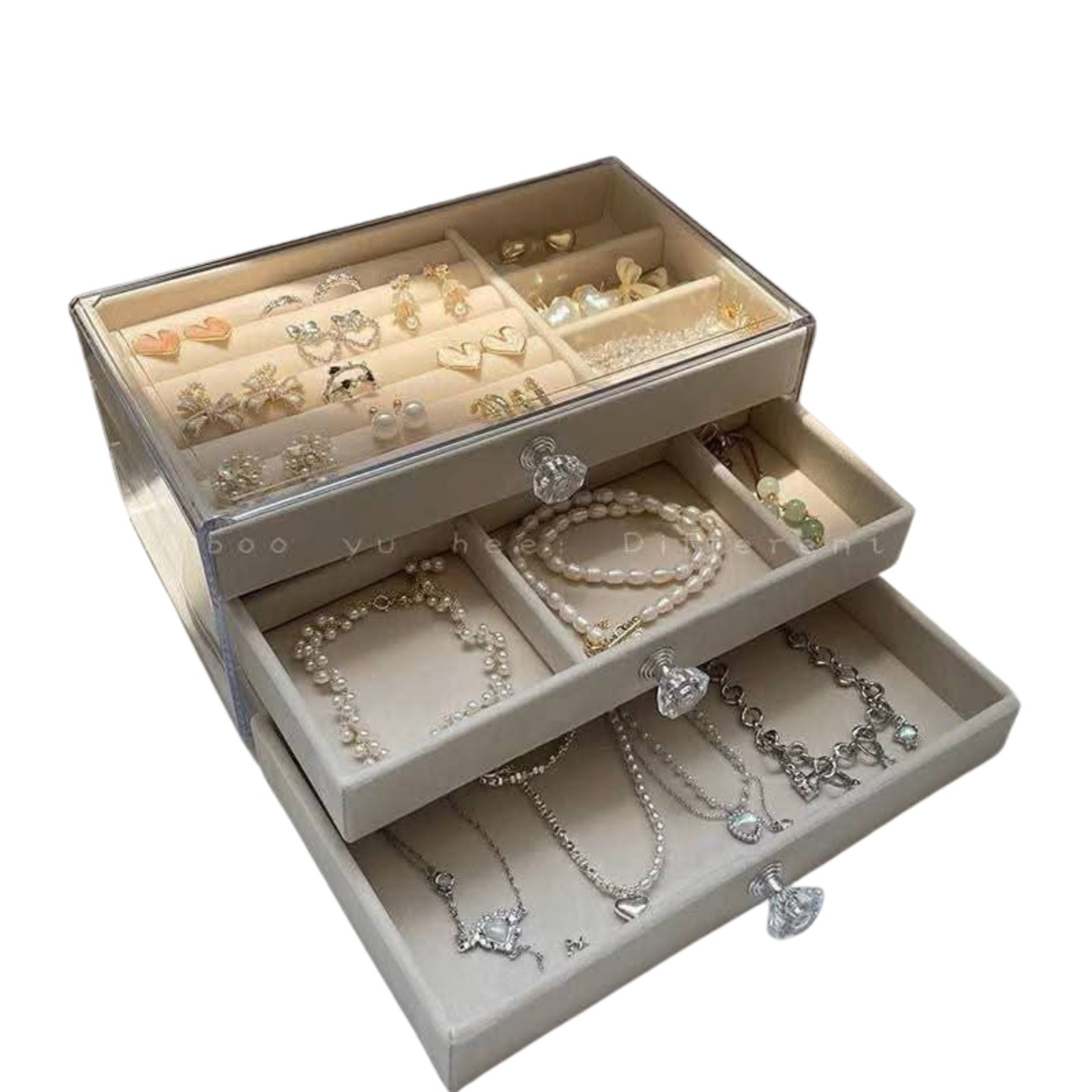 منظم إكسسوارات ٣ أدوار قطيفة بهيكل اكريليك Velvet Jewelry Organizer